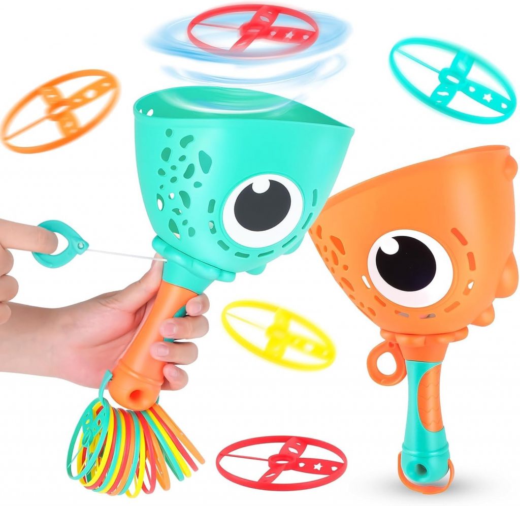 Muyohix Outdoor Spiele für Kinder Ab 3-10 Jahre, 2 Packs Fliegende Untertasse Launcher Mit Sonnenbrille, Gartenspielzeug für Kinder ab 4-8 Jahre, Propeller Spielzeug Geschenke für Garten