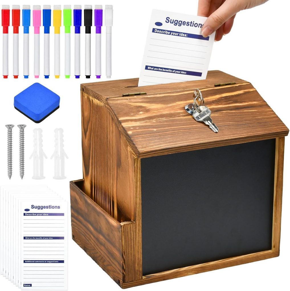 JNEYVIC Vorschlagsbox Holz Spendenbox Abschließbar 21×16,3x20cm Hölzerne Briefkasten Kummerkasten Spendendose mit 50 Vorschlagskarten Kreidetafel 3 Kreide und 2 Schlüsseln für Büro Krankenhaus3.99€ ➡️ https://www.amazon.de/dp/B0FN3ZFR4T/?tag=preisfehlerheute-21