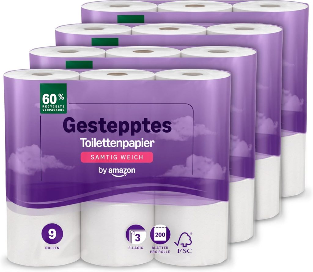 by Amazon Toilettenpapier, 3-lagig Gestepptes, Samtig Weich, 36 Rollen (9 Rollen, 4-er Pack), 200 Blätter pro Rolle, FSC-Zertifiziert11.00€ ➡️ https://www.amazon.de/dp/B07NMGM8LX/?tag=preisfehlerheute-21