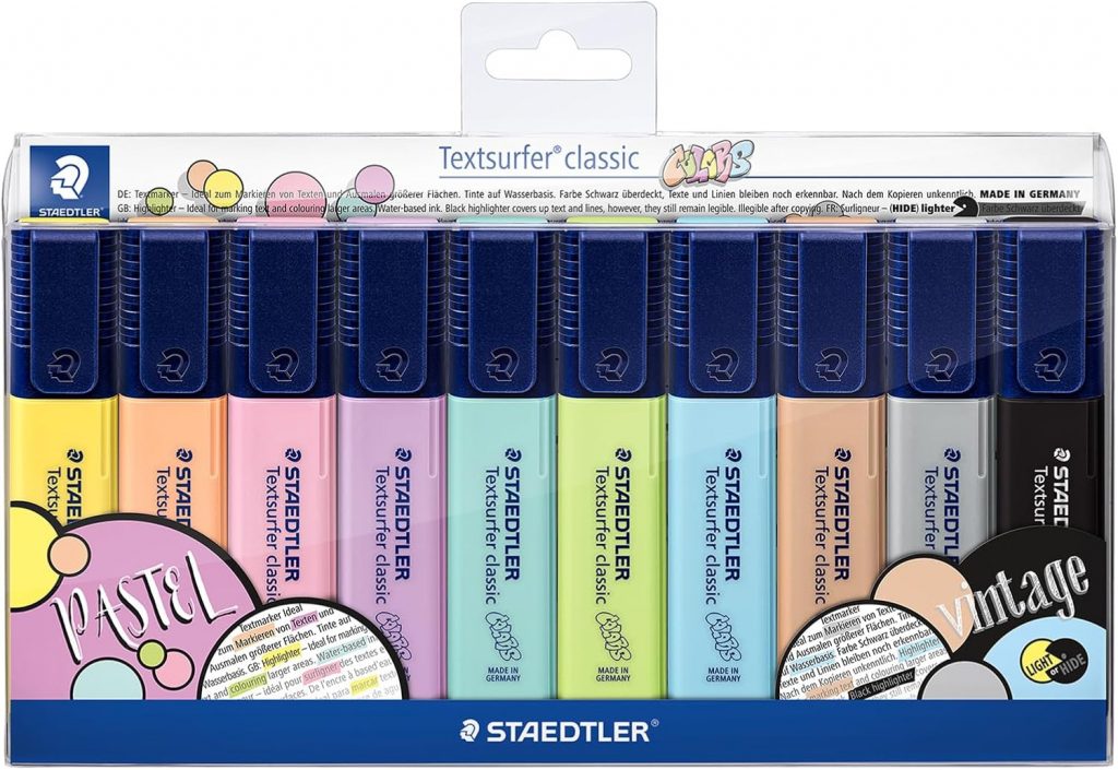 STAEDTLER 364 CWP10 Textsurfer classic 364 Textmarker (hohe Qualität Made in Germany, mit großem Tintenspeicher für extra lange Markierleistung, Etui mit 10 Farben, Pastell und Vintage)10,80€ statt 16,00€➡️ https://www.amazon.de/dp/B07MM85ZLZ/?tag=preisfehlerheute-21