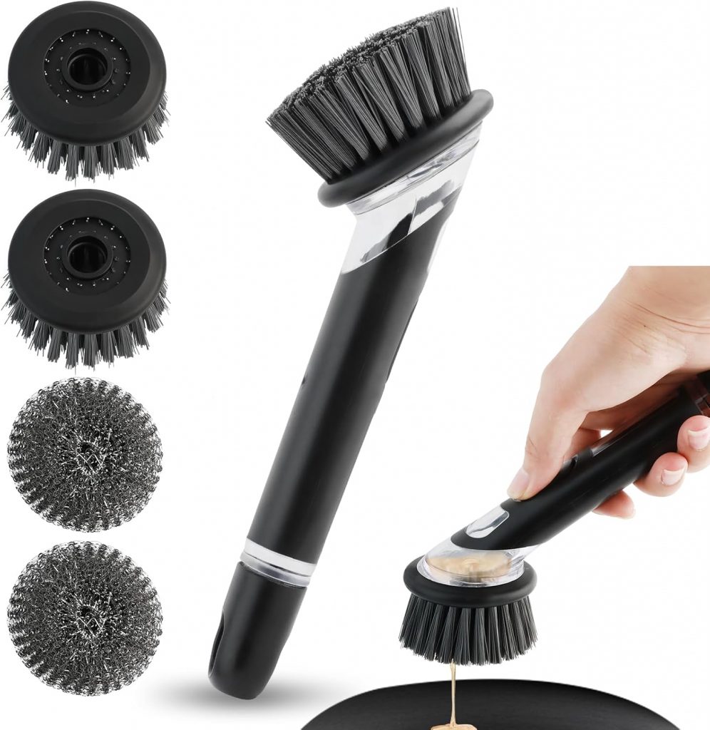 VINEST Spülbürste mit Spülmittelspender, Multifunktionale Reinigungsbürste zum Drücken, Grau Abwaschbürste mit 2 Bürsten Ersatzkopf und 2 Stahlwolle Ersatzkopf, Geschirrbürste für Topf Pfanne Spülen