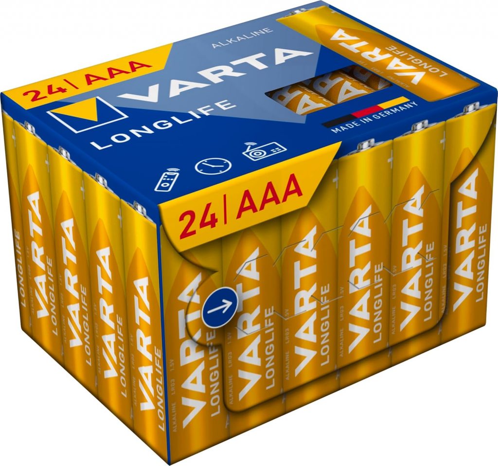 VARTA Batterien AAA, 24 Stück, Longlife, Alkaline, 1,5V, Cube, ideal für Fernbedienungen, Wecker, Radios, Wanduhren, Verpackung zu 9 recycelt, Made in Germany