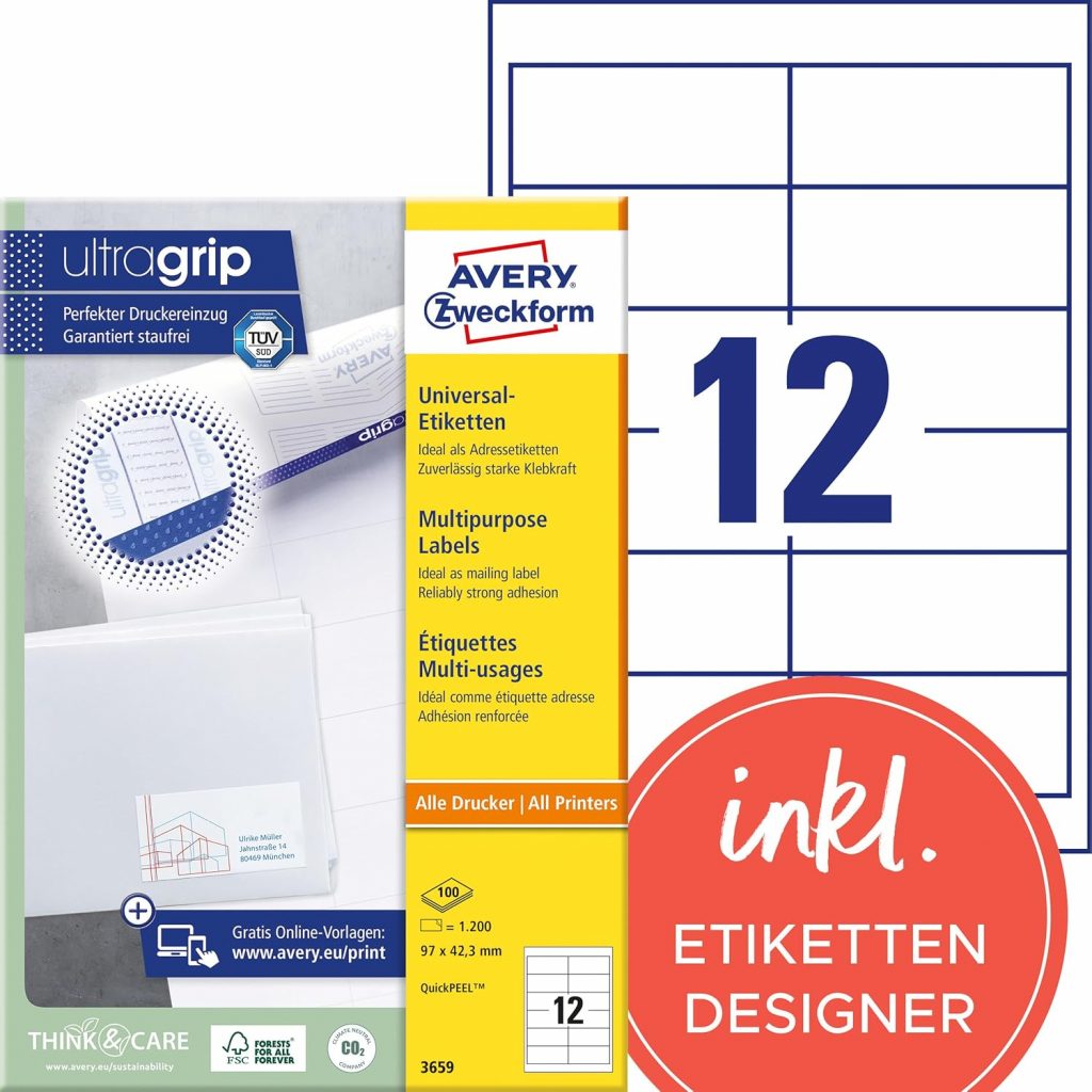 🤴 AVERY Zweckform 3659 Adressaufkleber (1.200 Klebeetiketten, 97×42,3mm auf A4, Papier matt, bedruckbare Absenderetiketten, selbstklebende Adressetiketten mit ultragrip) 100 Blatt, weiß28,95€ statt 41,79€ – 31,0 🔥🚚 Verkauft durch Amazon und Versand durch Amazon100 Bewertungen: 4.8 / 5.0 ⭐️⭐️⭐️⭐️⭐️🛒 zu Amazon https://www.amazon.de/dp/B000122BK4/?tag=preisfehlerheute-21