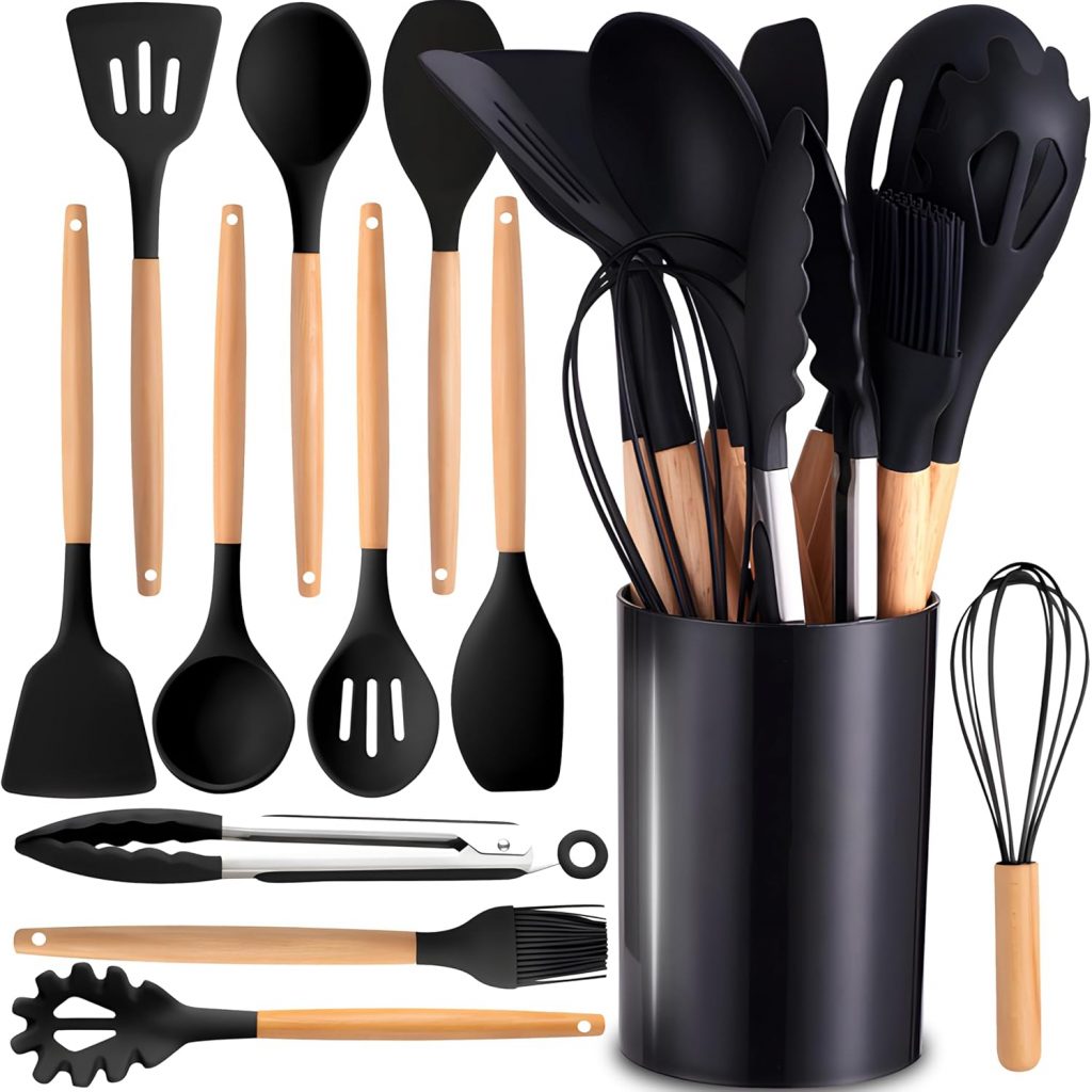 Retoo Küchenhelfer Set 12-teiliges Kochutensilien Silikon Antihaftbeschichtet Hitzebeständiger Kochbesteck mit Utensilienhalter Aufbewahrungsbehälter Holzgriff Hitzebeständiges Schwarz9.95€ ➡️ https://www.amazon.de/dp/B0DCW1SL6M/?tag=preisfehlerheute-21