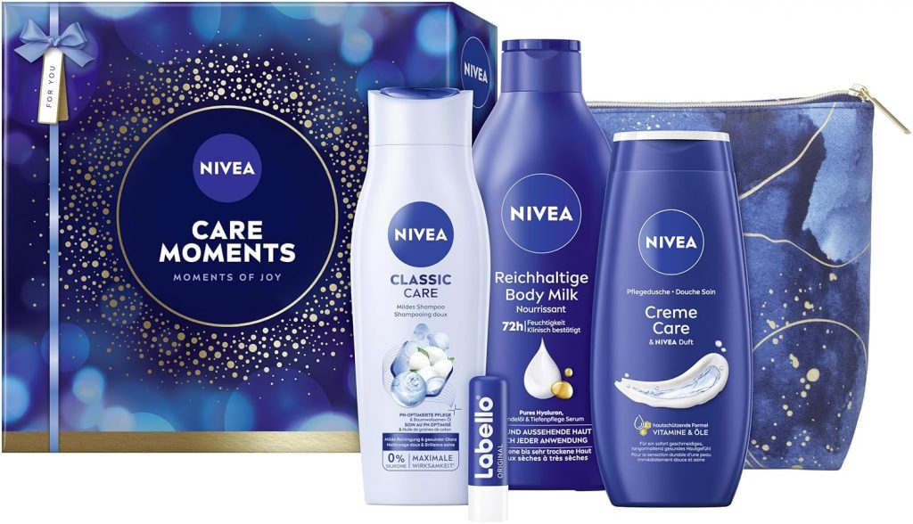 NIVEA Care Moments Geschenkset, Geschenk für Frauen, Geschenkbox mit Duschgel (250 ml), Shampoo (250 ml), Body Lotion (400 ml), Labello Lippenpflege (4,8 g) und Kulturtasche10,10€ statt 17,99€➡️ https://www.amazon.de/dp/B0FCMSFD16/?tag=preisfehlerheute-21