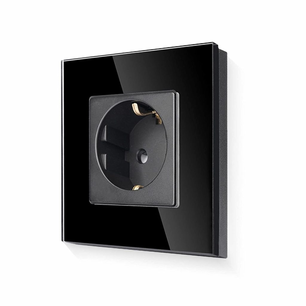 🤴 LIAONFOY Schuko Einzelsteckdose mit Kindersicherung Glasrahmen Unterputz Steckdose Schwarz Farbe Wandsteckdose 110-250V 86mm