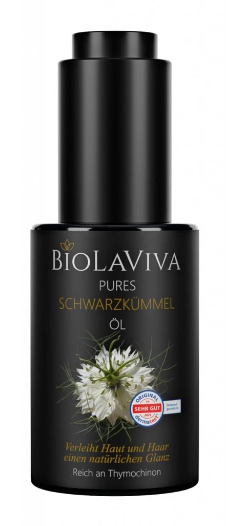 Premium Bio Pflegeöl – pures kaltgepresstes BIO Schwarzkümmelöl – BIOLAVIVA – 30 ml Pipettenflasche aus Miron Violettglas – Naturkosmetik für Haut und Haar – dermatologisch getestet "Note: Sehr Gut"
