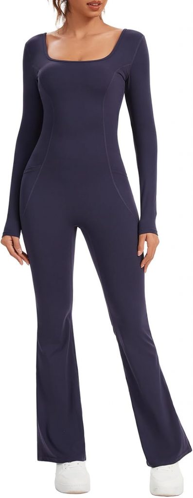 Ecupper Jumpsuits Damen Yoga Bodycon Einteiler Zip Up Overall U-Ausschnitt Rompers Langärmelig Schlaghosen Workout…