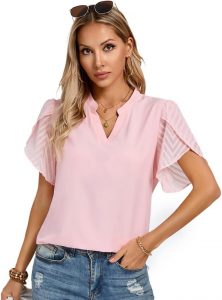 Kate Kasin Damen Kontrast Stoff Bluse Short Petal &Auml;rmel Henley V-Ausschnitt Tops Business Casual Work Shirts Pink L6,49&euro; statt 19,99&euro;➡️ https://www.amazon.de/dp/B0DSG7H9NC/?tag=preisfehlerheute-21
