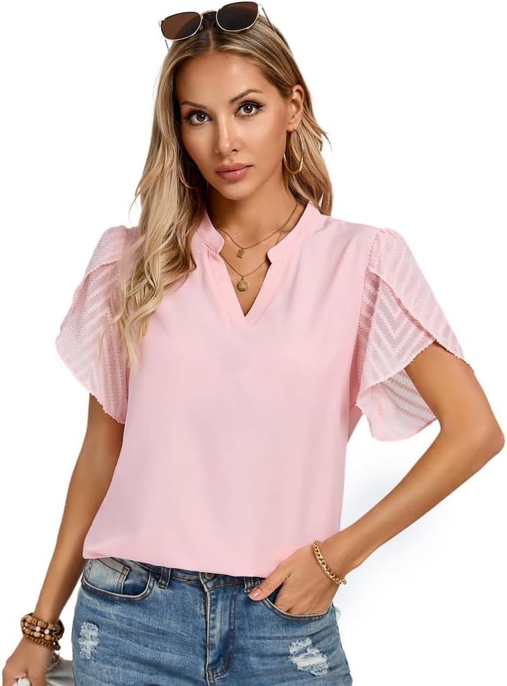 Kate Kasin Damen Kontrast Stoff Bluse Short Petal Ärmel Henley V-Ausschnitt Tops Business Casual Work Shirts Pink L6,49€ statt 19,99€➡️ https://www.amazon.de/dp/B0DSG7H9NC/?tag=preisfehlerheute-21