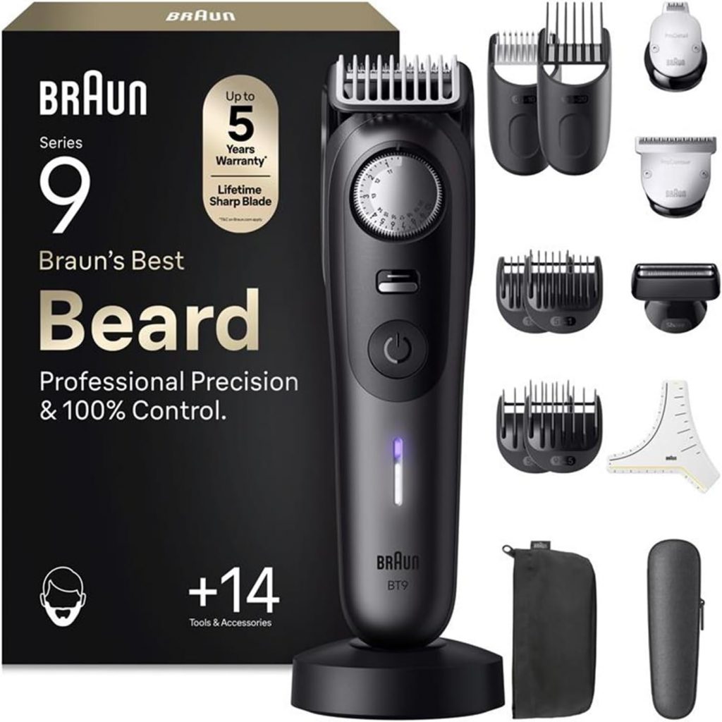 Braun Barttrimmer Series 9, Elektrischer Bartschneider Herren mit 14 Barber-Tools, Ultrascharfe ProBlade Klinge, 180 Min Akkulaufzeit, Kabelloser Bartrasierer, 52 Längen, Wasserdicht, BT9565, Titan