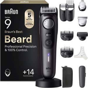 Braun Barttrimmer Series 9, Elektrischer Bartschneider Herren mit 14 Barber-Tools, Ultrascharfe ProBlade Klinge, 180 Min Akkulaufzeit, Kabelloser Bartrasierer, 52 L&auml;ngen, Wasserdicht, BT9565, Titan113,99&euro; statt 199,99&euro;➡️ https://www.amazon.de/dp/B0DQWHKHN2/?tag=preisfehlerheute-21