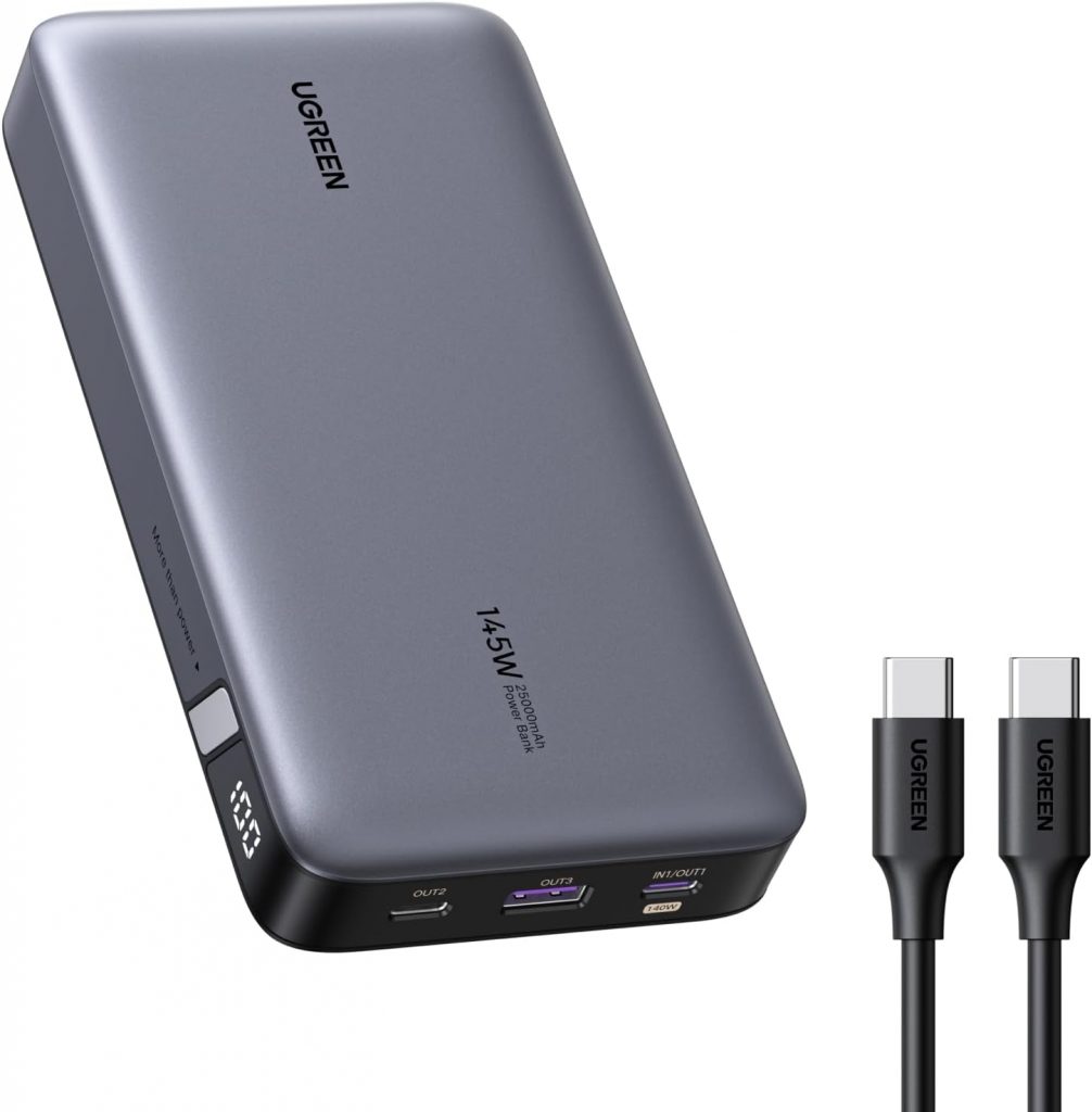 UGREEN Nexode Power Bank 145W Max 25000mAh externer Akku mit 3 Anschlüsse USB C Powerbank mit Digitales Display, kompatibel mit MacBook Pro/Air, iPhone 17 Pro Max/Pro/16/15, Galaxy S25 Ultra, Dell