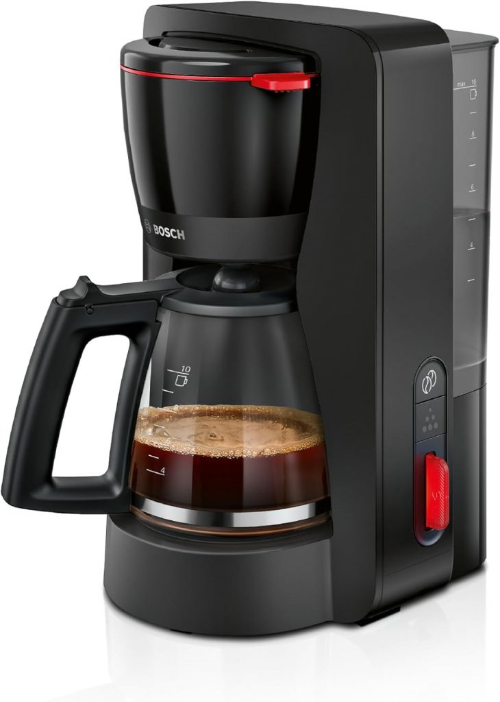 🤴 Bosch Filterkaffeemaschine MyMoment TKA3M133, Glaskanne 1,25 L, für 10-15 Tassen, 60min Warmhaltefunktion, Tropfstopp, schwenkbarer Filterträger, Entkalkungsprogramm, 1200 Watt, Schwarz matt