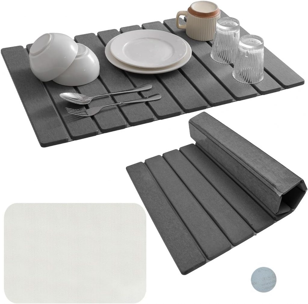 JNEYVIC Abtropfmatte Geschirr Kieselgur Spülmatte Geschirrmatte 60 x 40 cm Küchen Abtropf Matte Stein Abtropfmatte Schnell Trocknend Stone Drying Mat für Küche Couchtische Kaffeetische (Dunkelgrau)1.59€ ➡️ https://www.amazon.de/dp/B0FQJBX6BB/?tag=preisfehlerheute-21