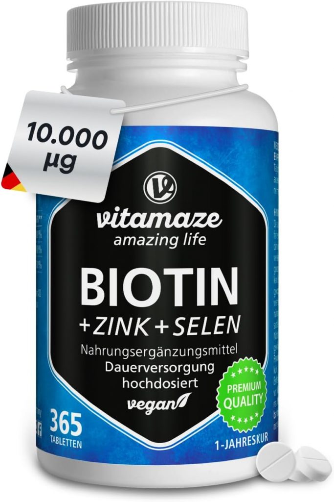 Vitamaze Biotin hochdosiert 10.000 mcg + Selen + Zink für Haare, Haut & Nägel, 365 vegane Tabletten für 1 Jahr, D-Biotin, Nahrungsergänzung ohne Zusatzstoffe, Made in Germany12,75€ statt 25,97€➡️ https://www.amazon.de/dp/B01FFTEB7S/?tag=preisfehlerheute-21