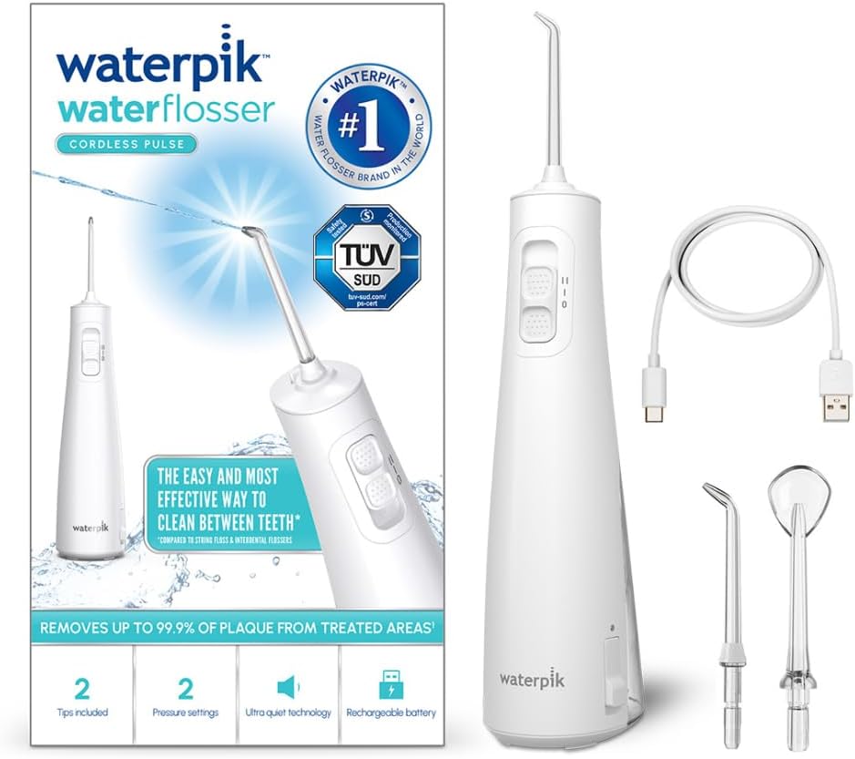 Waterpik Pulse Munddusche kabellos, Professionelle 99,9% Plaque Entfernung, 2x Intensitätsmodi, Zahnzwischenraumreiniger, 45 Sekunden Wassertankkapazität, 2x Aufsätze enthalten, weiß