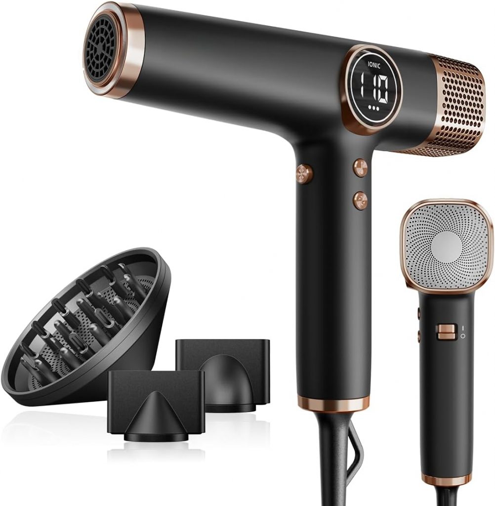 Faszin Haartrockner Leichter Föhn mit 110.000 RPM bürstenlosem Motor für Schnelles Trocknen, 200 Millionen Ionen fön, Wenig Lärm, LED-Anzeige, 3 Magnetdüse für Zuhause, Salon (Schwarz)
