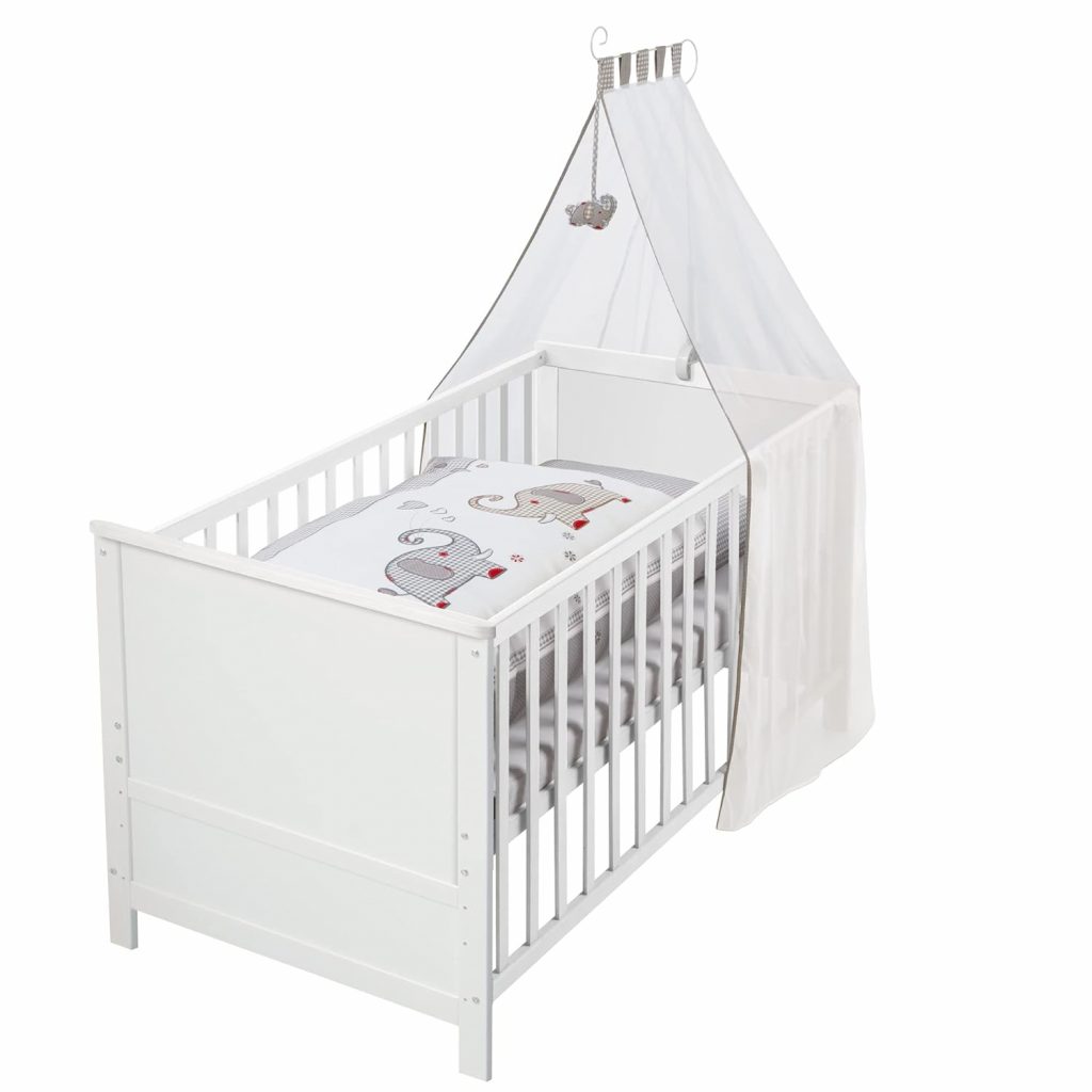 🤴 roba Babybett Set Jumbotwins – 70 x 140 cm – Kinderbett mitwachsend / umbaubar – Komplett inkl. Bettwäsche, Himmel, Matratze – Höhenverstellbar – Holz weiß