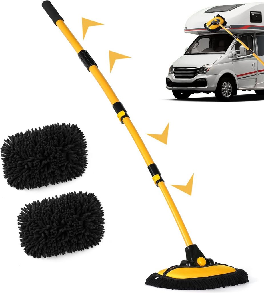 👑 15° Bogen Autowaschbürste mit Stiel 144CM Aluminium Auto Waschbürste mit Teleskopstiel, Kratzerfreie Reinigungsbürste für Auto LKW Wohnwagen SUV Wohnmobil, Teleskop Waschbürste mit 2 Mop-Köpfen
