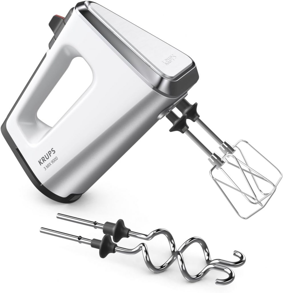 Krups 3Mix 9000 Handmixer, 750 Watt, Geschwindigkeitsregler, Turbomodus, Pulsfunktion, Mixer, ergonomischer Griff, langes Kabel, Handrührgerät inkl. Schneebesen und Knethaken, Schneeweiß, GN9