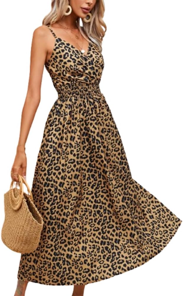 fdsmall Damen Sommer Kleider V-Ausschnitt Spaghetti Strap Ärmellos Casual Midi Kleid Leopard Casual Sundress…