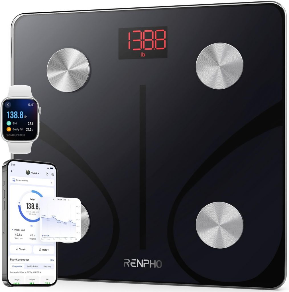 RENPHO Personenwaage Körperfettwaage, Waage Personen mit App 180 kg/400 lbs, Körperwaage Digital Bluetooth Körperanalysewaage für Körperfett, BMI, Muskelmasse, Protein, BMR, Schwarz,Elis