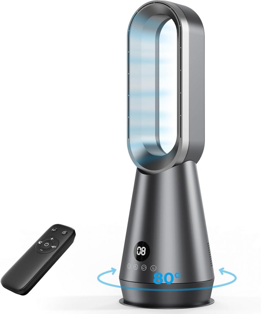 AIYATO Turmventilator Leise – 22 Zoll Bladeless Turmventilator, 8 Stufen, 2 Modi, 80° Oszillation, LED Display, 1-9H Timer, Ventilator mit Kühlung Fernbedienung für Schlafzimmer, Büro, Wohnzimmer