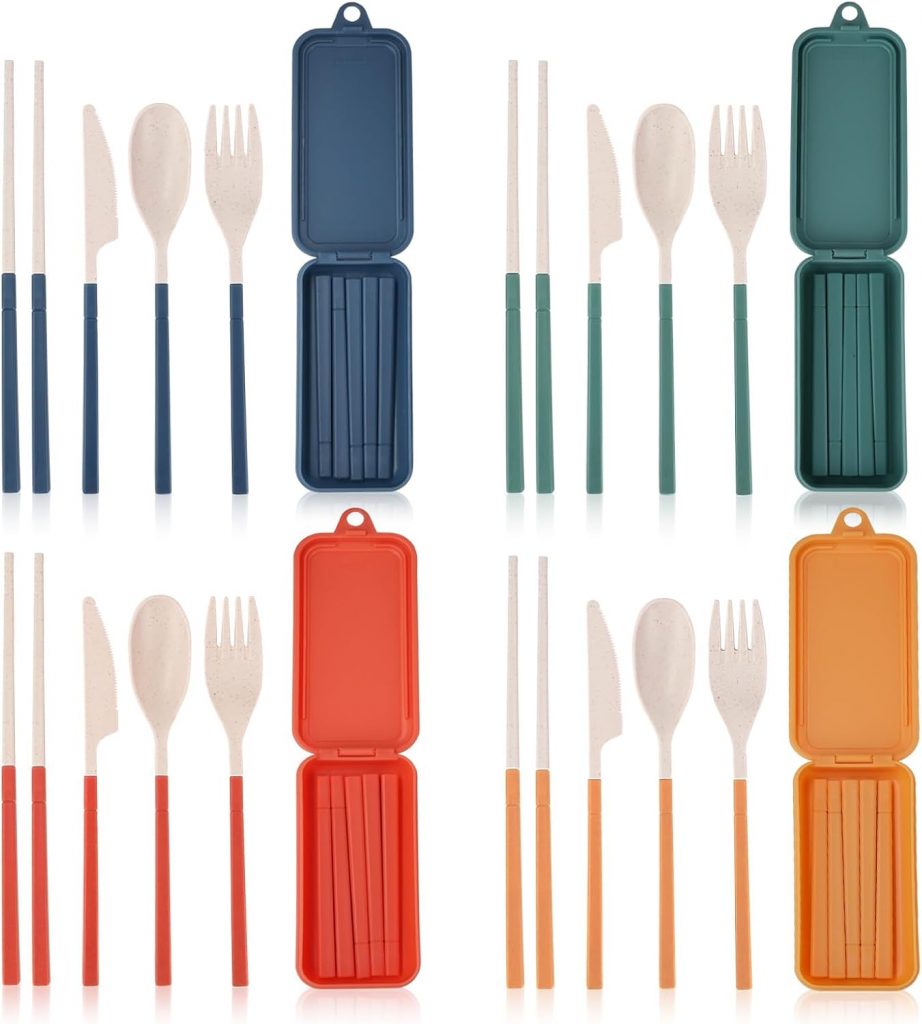 DIYJEP 4 Stück Camping Besteck mit Etui, Faltbares Campingbesteck mit löffel Gabel Messer Essstäbchen, Tragbares Plastik Reisebesteck-Set für Reise Picknick Büro Schule (Grün, Blau, Orange, Gelb)3,99€
