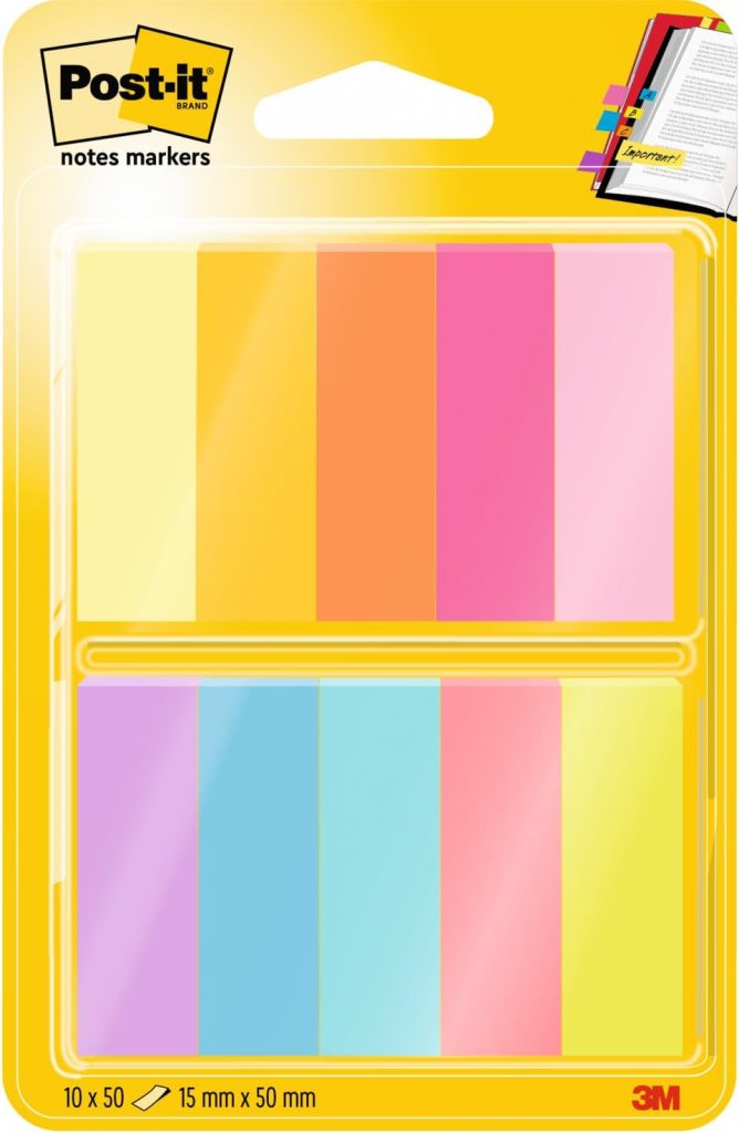 🤴 Post-it Notes Marker, Packung mit 10 Blöcken, 50 Marker pro Block, 12, 7 mm x 44, 4 mm, Gelb, Orange, Pink, Lila, Blau, Grün – Schmale Haftnotizen zum Markieren, Hervorheben oder Farbcodieren