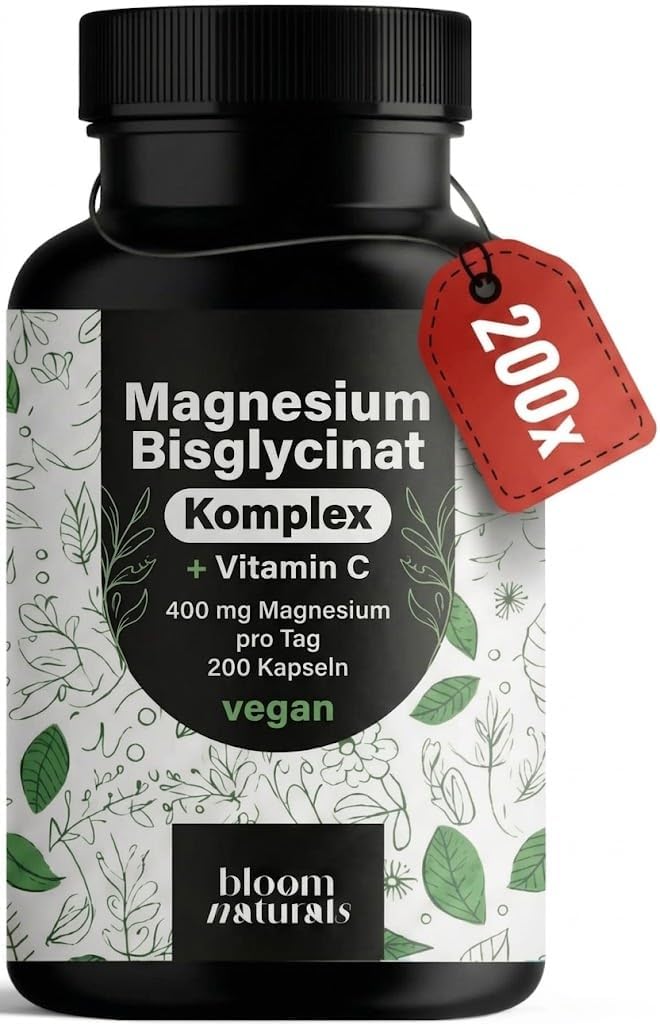 Magnesium Komplex hochdosiert – 200 Kapseln – 400 mg Magnesium pro Tag + Vitamin C, mit Bisglycinat, Citrat, Oxid, L-Ascorbat, Malat, vegan & produziert in Deutschland6.46€ 🏷️ Coupon anwenden➡️