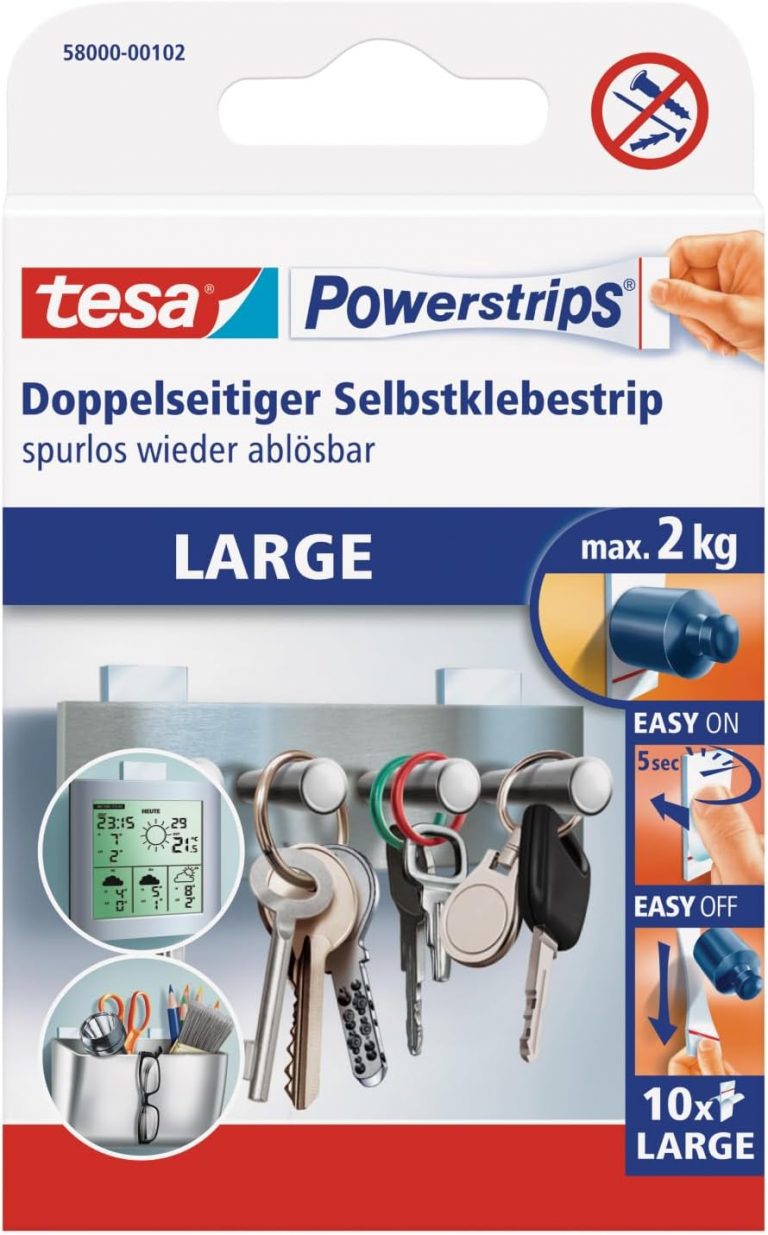 tesa Powerstrips Large – Doppelseitige Klebestreifen zur Montage von Gegenständen auf glatten Oberflächen – Bis zu 2 kg Halteleistung – 10er Pack Powerstrips