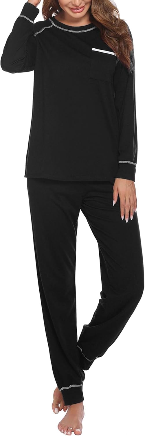 Ekouaer Pyjama Damen Langarm Baumwolle Schlafanzug Lang Winter Pyjama Set Lose Schlafanzüge für Frauen Oberteil und Schlafanzughose,Schwarz,L9,99€