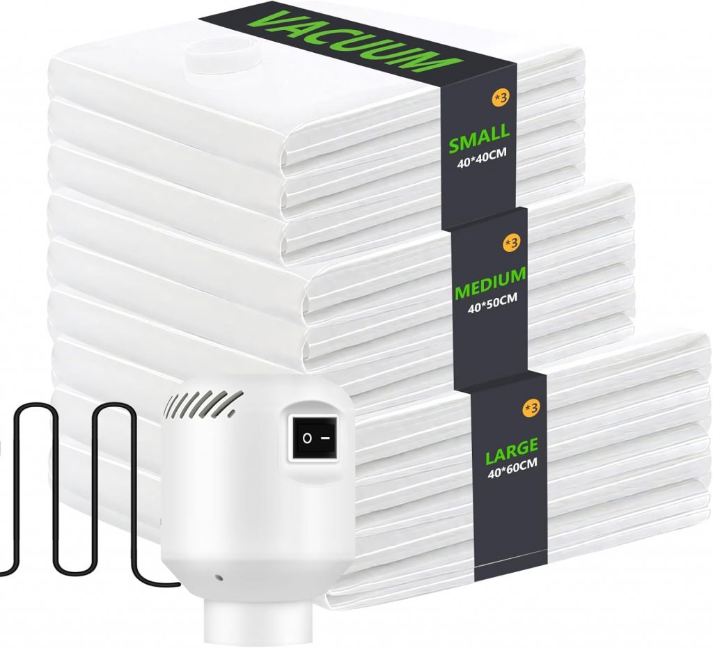 Vakuumbeutel für Kleidung, Vakuumbeutel 9 Stück mit Elektrischer Pumpe (3x 40×40, 3x 40×50, 3x40x60CM), Vacuum Bags for Clothing, Bettwäsche, Kissen, Wolldecken, Vorhänge, PA+PE Material