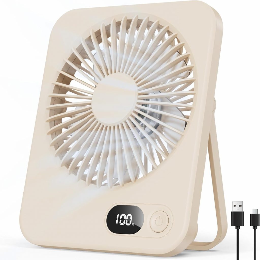Tischventilator Kleiner – USB Ventilator mit 5 Stufen, 180° verstellbar, Ultra-Slim 3,8 cm, LED-Display, bis zu 8 Std. Laufzeit, Tragbarer Mini Ventilator mit Akku für Büro, Reisen, Schminken, Beige