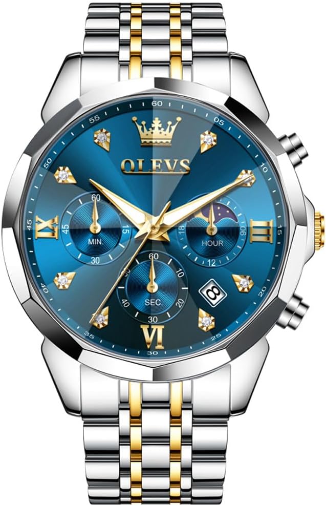 OLEVS Männer Uhr Quarz Luxus Business Uhren Multifunktion Chronograph Mondphase wasserdicht Leuchtend blaues Gesicht Silber Edelstahl Armbanduhren