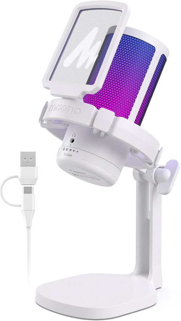 🤴 MAONO USB Gaming Mikrofon, Noise Cancellation Kondensator Microphone mit Mute, Gain, Monitoring, Pop-Filter für Streaming, Podcast, Twitch, YouTube, Discord, PC, Computer, PS4&5, Mac, DGM20，Weiß
