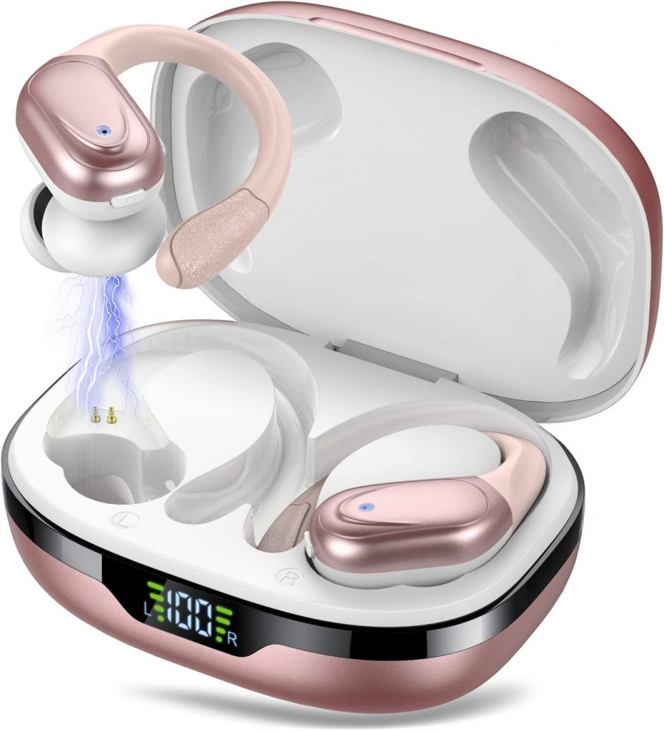 CASCHO Bluetooth Kopfhörer Sport, Kopfhörer Kabellos Bluetooth 5.3, 60 Std Kabellose Kopfhörer mit Tiefer Bass, In Ear Kopfhörer mit 4 ENC Klarer Mic, IPX7 wasserdichte Ohrhörer mit Ohrhaken Roségold