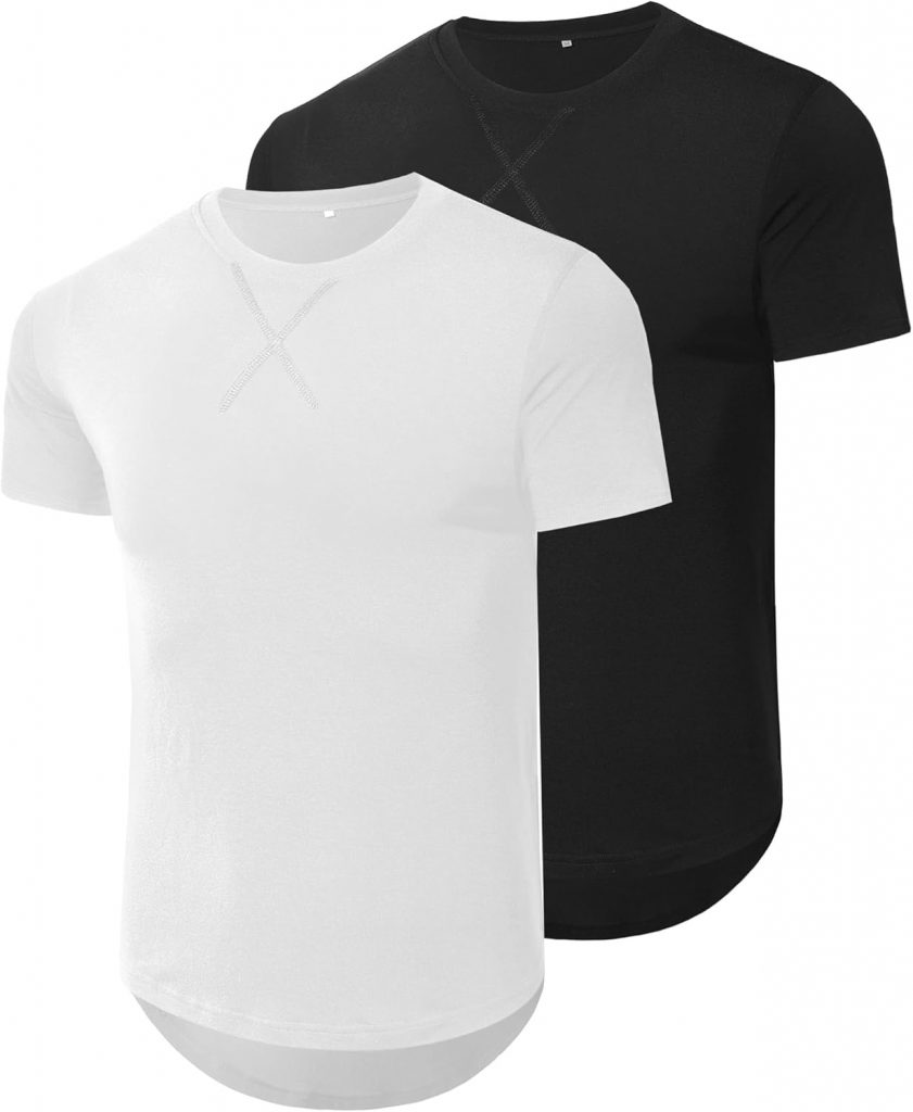 Wayleb 2 Pack T-Shirts für Herren Baumwolle Kurzarm Rundhals Leicht Atmungsaktiv Casual Sommer Longline Tshirt Einfarbig Sportshirt, Schwarz+Weiß L4.99€