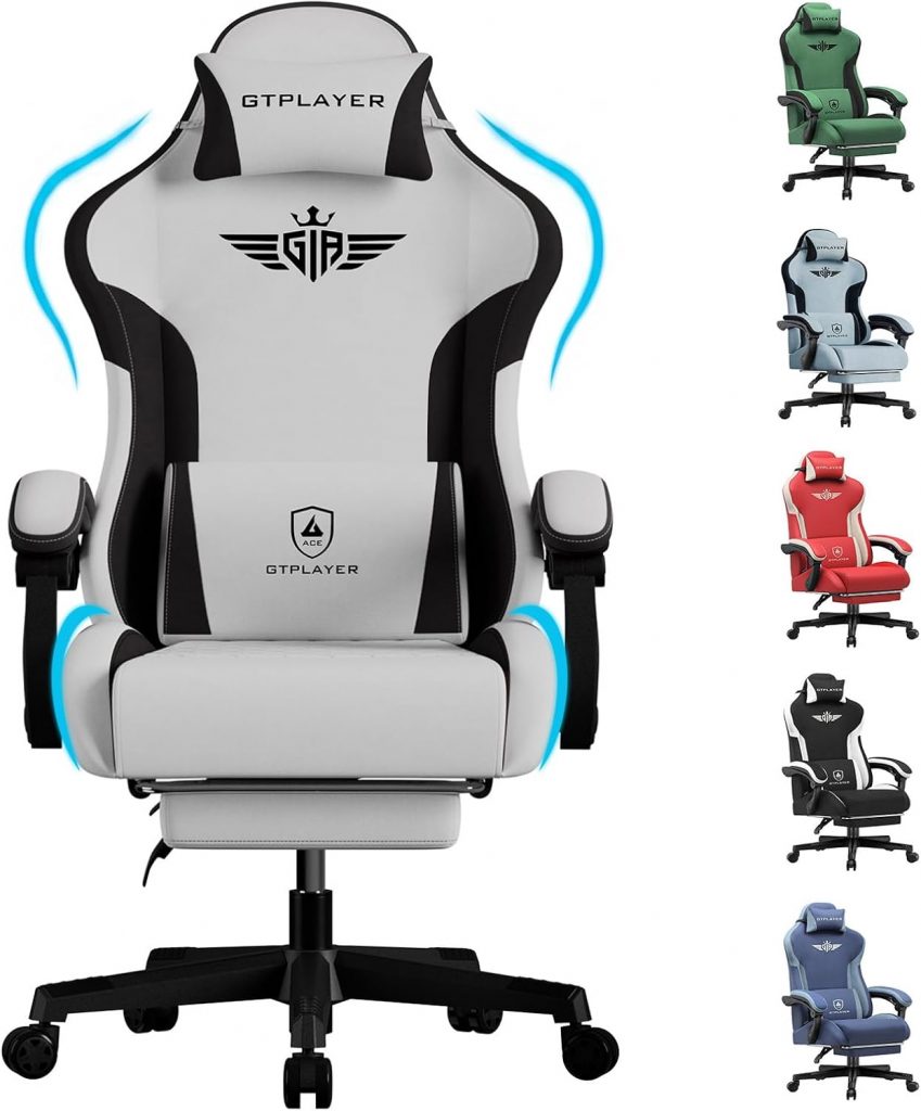 🤴 GTPLAYER Gaming Stuhl, Ergonomischer Gamer Stuhl aus Stoff mit Lendenwirbelstütze, PC-Stuhl mit verbreiterter Rückenlehne, Belastbar bis 150 kg, Grau