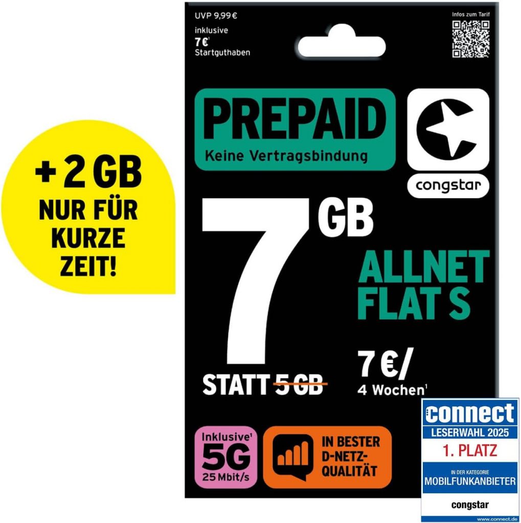 🤴 congstar Prepaid ALLNET S SIM-Karte ohne Vertrag I 7 GB Prepaid-Paket in D-Netz Qualität für Einsteiger I 5G mit 25 Mbit/s I Telefonie & SMS Flat in alle dt. Netze I EU-Roaming inkl.4,99€ statt 7,49€ – 34,0 🔥🚚 Verkauft von Power Sim Shop GmbH und Versand durch Amazon142 Bewertungen: 4.2 / 5.0 ⭐️⭐️⭐️⭐️🛒 zu Amazon https://www.amazon.de/dp/B07K5XHC4Y/?th=1&tag=preisfehlerheute-21#038;psc=1&tag=preisfehlerheute-21