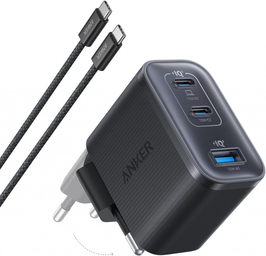 Anker Nano 70W USB C Ladegerät, Laptop Ladegerät, 3-Port-Netzteil mit 70W schnellladegerät, kompakt & stylisch, für iPhone 17/Pro/Pro Max/iPhone Air/16/15, MacBook Air, iPad, Pixel, Galaxy und mehr