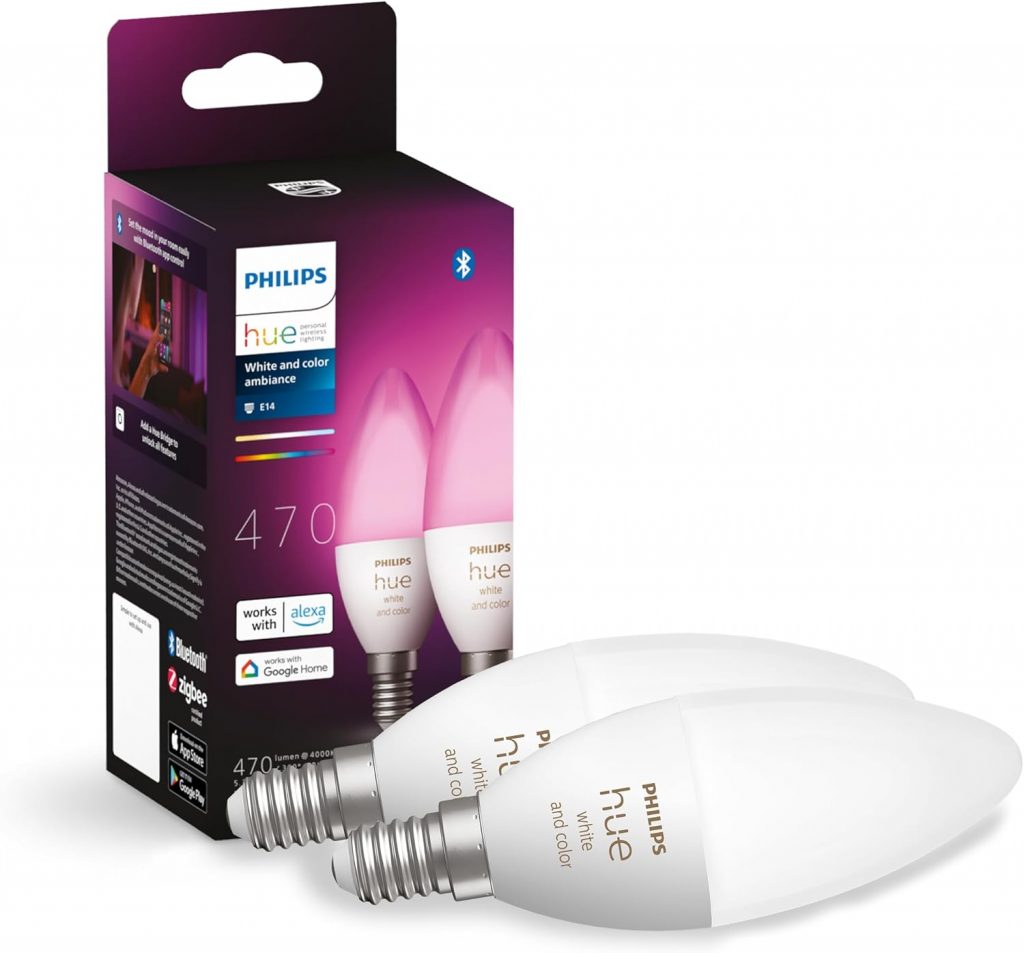 🤴 Philips Hue White & Color Ambiance E14 LED Lampe, 2er Pack, Dimmbar, bis zu 16 Mio. Farben, Steuerbar via App, Kompatibel mit Amazon Alexa77,98€ statt 109,99€ – 3 🔥🚚 Verkauft durch Amazon und Versand durch Amazon1,428 Bewertungen: 4.7 / 5.0 ⭐️⭐️⭐️⭐️⭐️🛒 zu Amazon https://www.amazon.de/dp/B099NSK1GR/?tag=preisfehlerheute-21