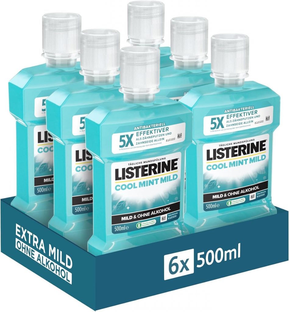 🤴 LISTERINE Cool Mint Mild 6 x 500 ml, antibakterielle Mundspülung mit ätherischen Ölen und ohne Alkohol, mildes Mundwasser bekämpft wirksam Bakterien, optimale Ergänzung zur täglichen Zahnpflege