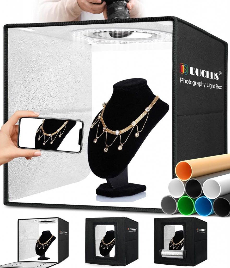 🤴 DUCLUS Fotobox 40×40 cm Faltbare Fotostudio, 5500K Dimmbare Lichtzelt Set mit 160 LED Beleuchtung und 8 Produktfotografie Hintergründe
