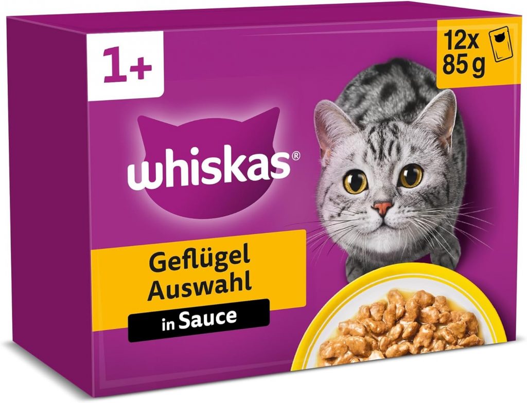 👑 WHISKAS Nassfutter in Sauce für Katzen 12 x 85g Geflügel Auswahl (4 Packungen) 48 Portionsbeutel
