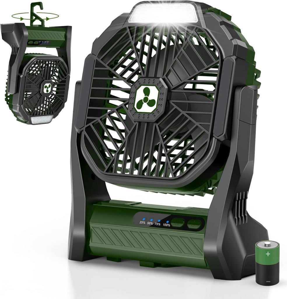 PDBEST Batteriebetriebener Ventilator 20000mAh Kabellos, Wiederaufladbarer Tragbarer Ventilator mit LED-Laterne, USB-C-Akku Tischventilator, Campingventilator für Reisen Strand Green