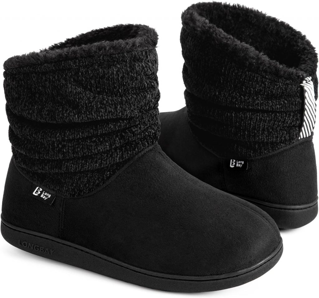 🤴 LongBay Damen Warm Chenille Strick Bootie Slippers Comfy Suedette Fluffy Faux Fur Memory Foam Boots House Shoes