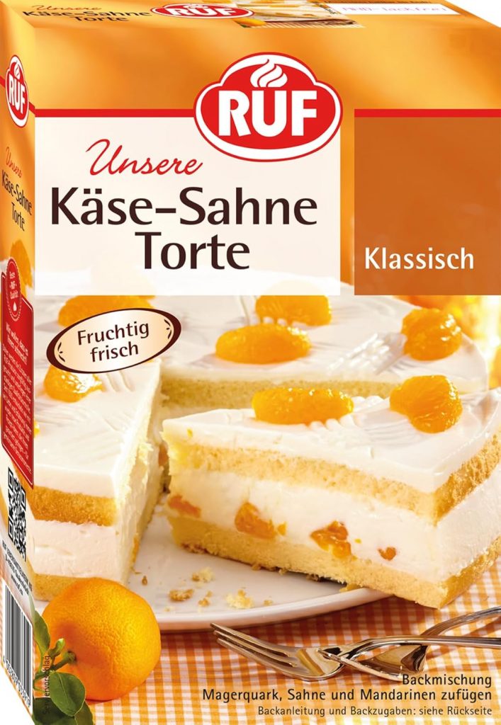 RUF Käse-Sahne-Torte, Backmischung für Torte mit Biskuitboden und Sahnecreme, für Mandarinen, Kirschen, Stachelbeeren, Heidelbeeren