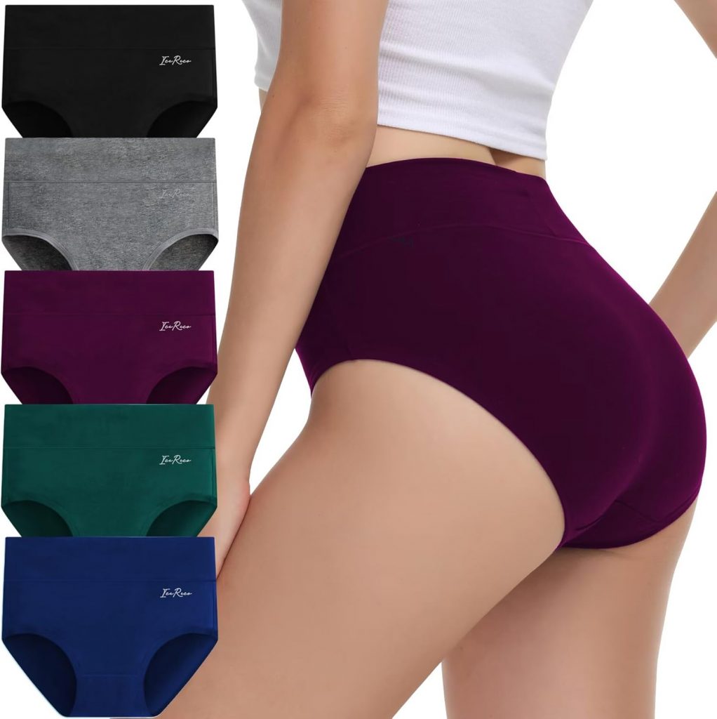 IceReco Unterhosen Damen Bauchweg Unterhose Damen Baumwolle Unterwäsche Frauen Set 5er Pack High Waist Slip Sportunterwäsche Panties Underwear Stretch Atmungsaktiv Weich Schwarz Grau Rot Blau Grün L